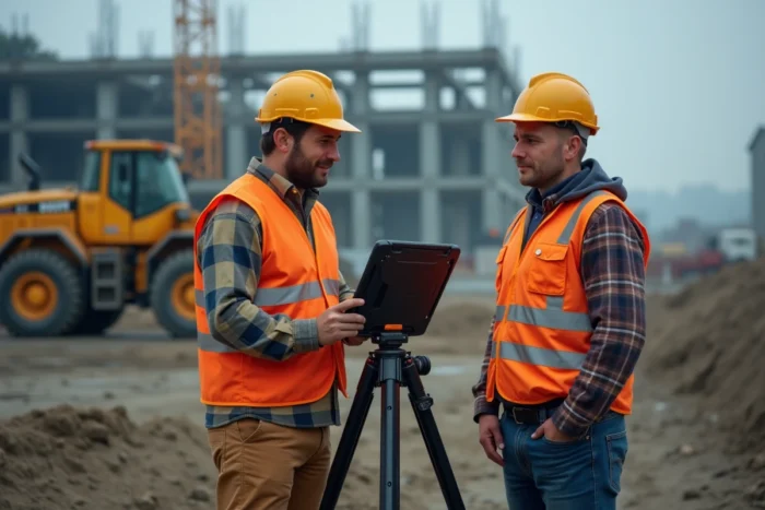 Deux professionnels du BTP consultant un logiciel de gestion de chantier sur tablette robuste en extérieur sur un site de construction