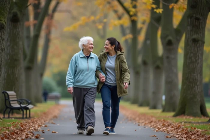 Une accompagnatrice se promène avec une personne âgée dans un parc en automne