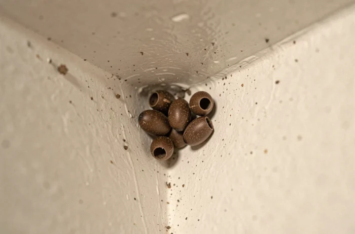 Pupes de mouches marron ovales collées sur un mur intérieur blanc près du plafond, vue macro réaliste
