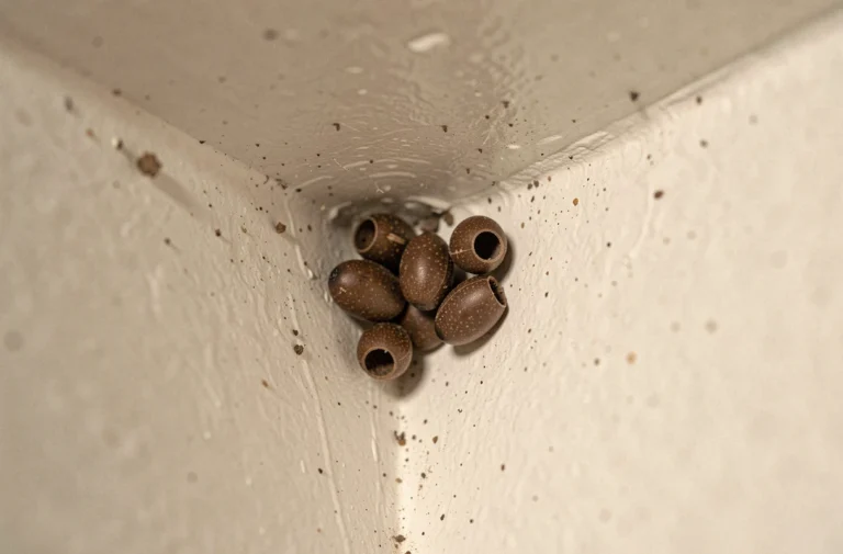 Pupes de mouches marron ovales collées sur un mur intérieur blanc près du plafond, vue macro réaliste