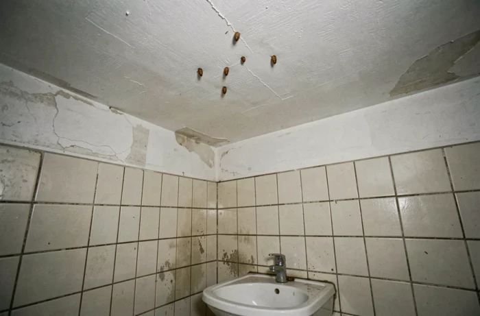 Coin de salle de bain avec pupes de mouches visibles au plafond dans un intérieur humide