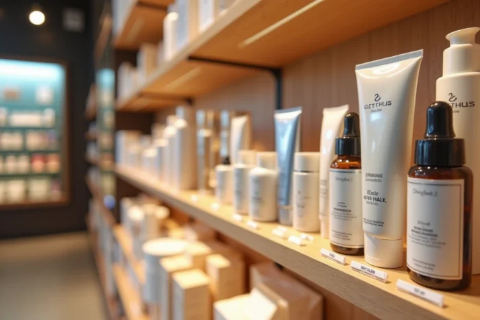 Rayonnage de produits cosmétiques avec étiquettes de prix dans une parfumerie