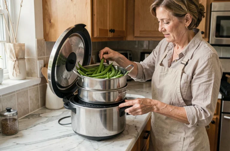 Femme versant des haricots verts cuits dans une cocotte minute sur un plan de travail en marbre