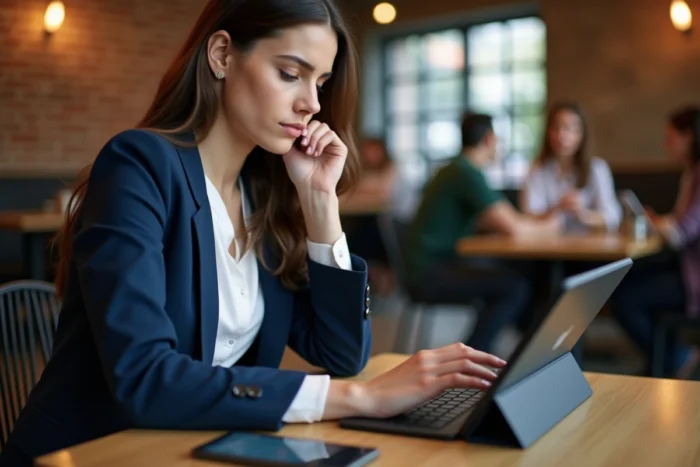 Jeune femme utilisant une tablette pour récupérer l'accès à son compte My Arkevia dans un café urbain