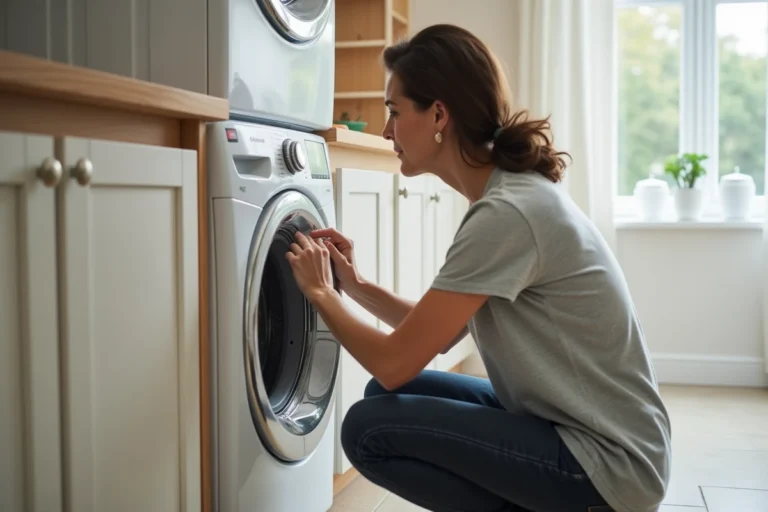 Femme réinitialisant un sèche-linge Whirlpool en appuyant sur les boutons du panneau de commande dans une buanderie domestique