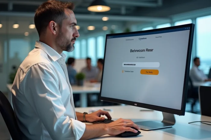 Homme résolvant un problème d'accès à son compte en ligne dans un bureau professionnel moderne