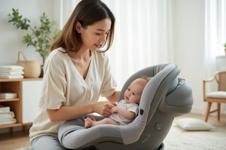 Mère retirant le réducteur d'un cosy pour adapter le siège auto à son bébé