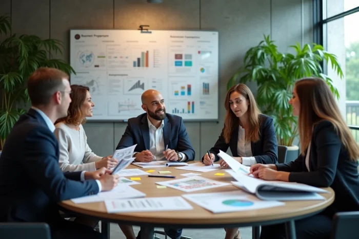 Équipe de professionnels en réunion stratégique autour de magazines business et d'infographies sur les tendances du marché 2024