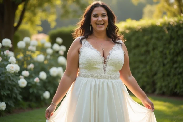 Femme grande taille portant une robe trapèze en dentelle ivoire dans un jardin fleuri pour un mariage