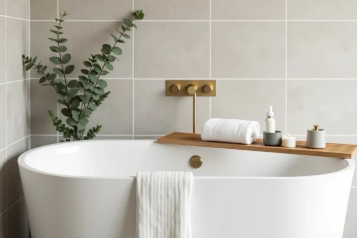 Salle de bain minimaliste avec baignoire îlot, plateau en bambou, branche d'eucalyptus et accessoires bien-être naturels