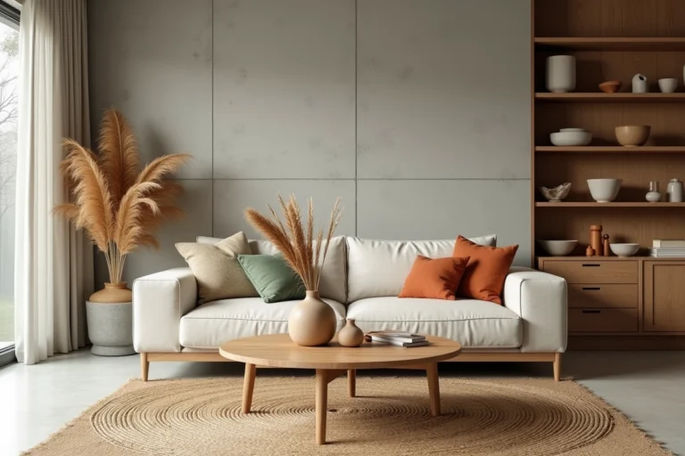 Salon minimaliste scandinave avec canapé en lin, coussins terracotta et vert sauge, table basse en chêne brut et tapis en jute naturel