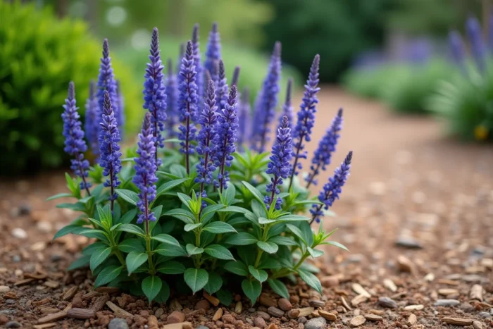 Sauge arbustive (Salvia nemorosa) aux épis de fleurs violet intense et feuillage aromatique vert foncé, avec système racinaire solide dans un sol bien drainé