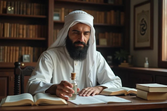Savant islamique examinant une bouteille de vinaigre dans une bibliothèque de textes religieux arabes