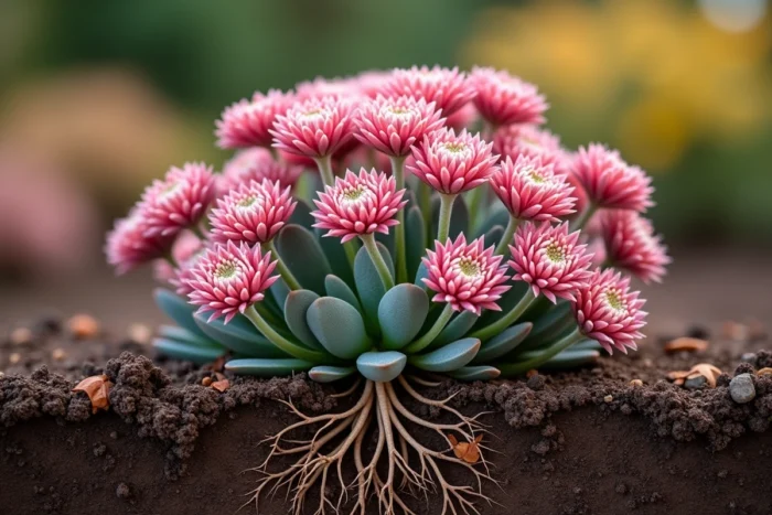 Sédum (Sedum spectabile) aux larges fleurs rose poudré et feuillage charnu bleu-vert, avec racines ancrées dans un sol drainant visible en coupe