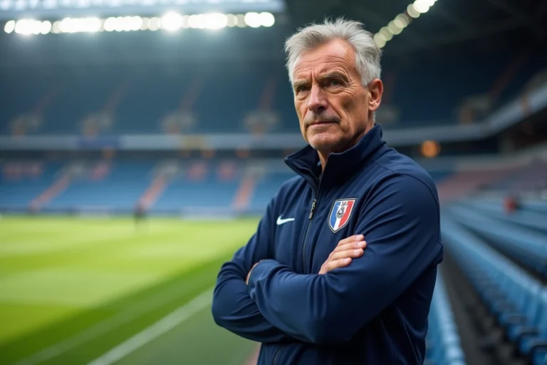 Entraîneur de football en survêtement bleu marine sur le bord d'un terrain de football professionnel, illustrant le rôle de sélectionneur national