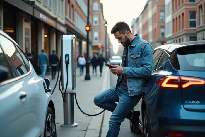 Station de recharge rapide urbaine avec deux voitures électriques branchées et un conducteur consultant son téléphone