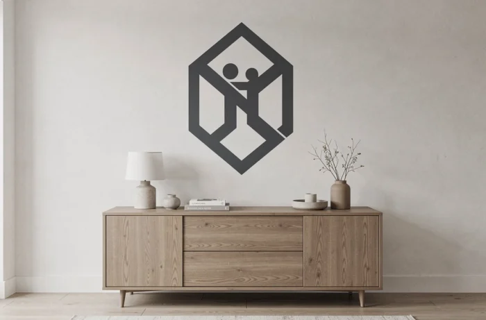 Sticker mural repositionnable en vinyle avec logo personnalisé en gris anthracite sur un mur blanc mat