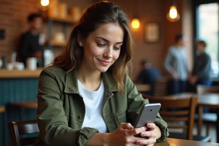 Jeune femme suivant le statut d'un transfert d'argent international sur une application mobile dans un café urbain
