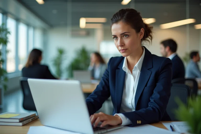 Femme professionnelle consultant un document de virement international sur un ordinateur portable dans un bureau financier moderne