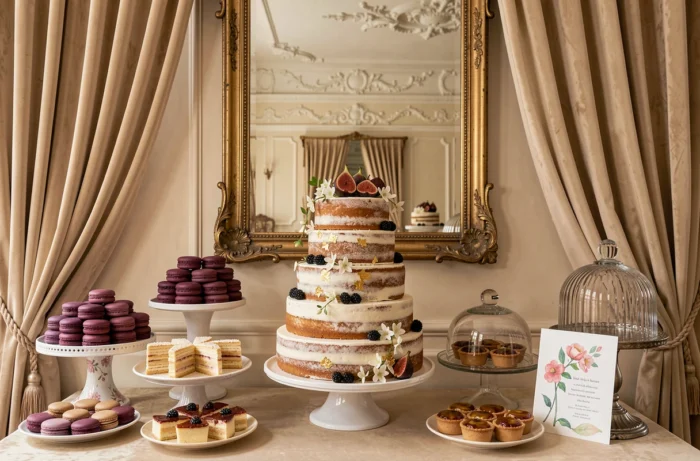Table de desserts de mariage luxueuse dans un salon haussmannien avec pièce montée naked cake décorée de figues fraîches, feuilles d'or et fleurs de jasmin sur fond de velours champagne