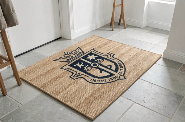 Tapis d'entrée personnalisé avec logo familial tissé en marine et crème sur un sol en carrelage gris