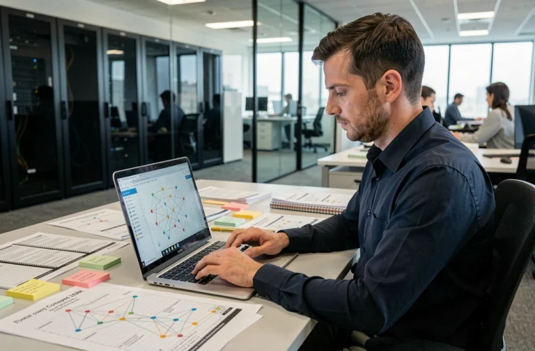 Technicien informatique réalisant un audit réseau en entreprise, assis devant un ordinateur portable avec des schémas réseau étalés sur son bureau