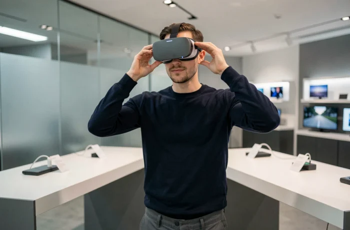 Homme essayant un casque de réalité mixte dans un showroom high-tech contemporain
