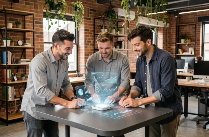Équipe de professionnels explorant des technologies innovantes sur une table connectée dans un espace de coworking