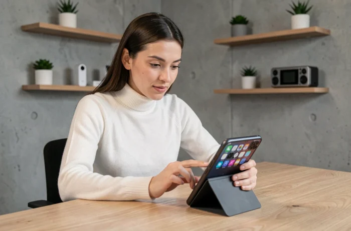 Femme utilisant un smartphone pliable dernier cri dans un bureau minimaliste moderne