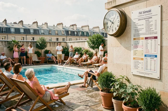 Terrasse extérieure animée de la piscine Butte aux Cailles avec horloge et panneau d'horaires affiché