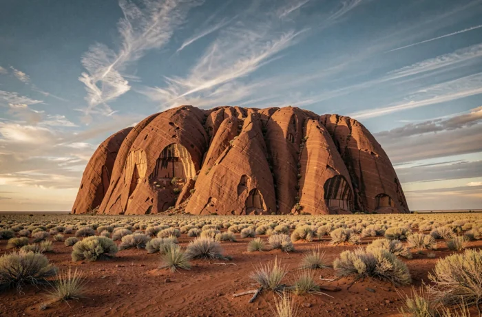 Uluru, le rocher sacré rouge au cœur du désert australien, photographié au sol avec la végétation aride en premier plan