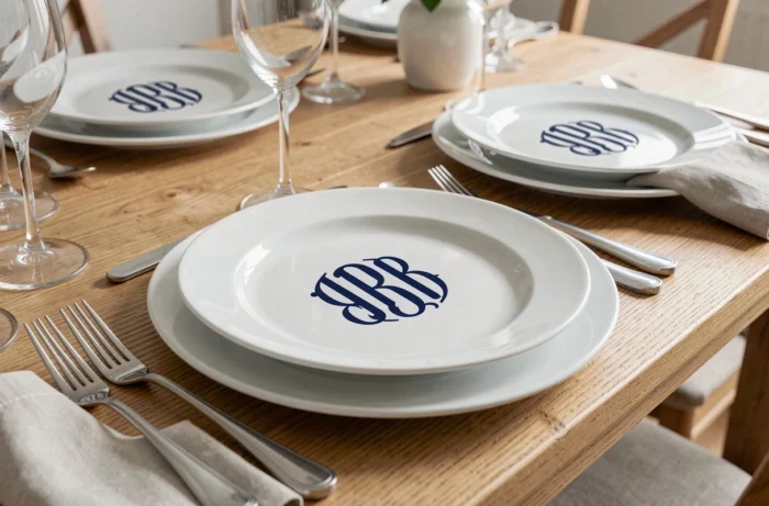 Vaisselle en céramique blanche personnalisée avec monogramme en bleu marine posée sur une table en chêne clair