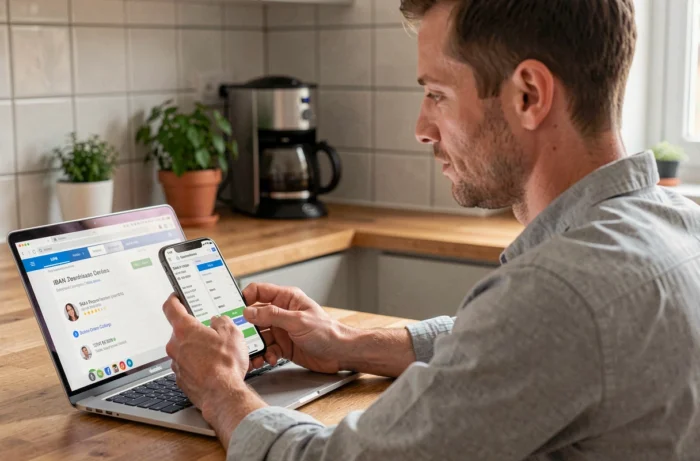Homme consultant une application bancaire sur smartphone pour identifier le titulaire d'un IBAN depuis son domicile