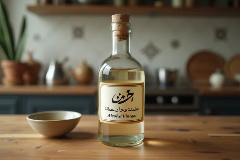 Bouteille de vinaigre d'alcool sur un plan de travail de cuisine islamique avec bol en céramique