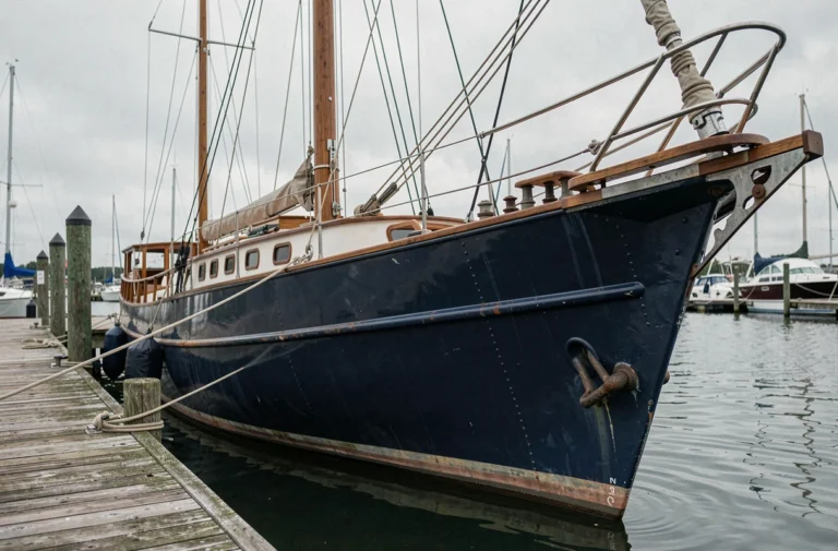 Voilier en acier d'occasion amarré dans une marina, coque bleue marine avec patine authentique et détails en acier rivetés