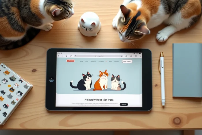 Vue aérienne d'une tablette affichant un site de jeux de chats entourée d'objets félins sur une table en bois